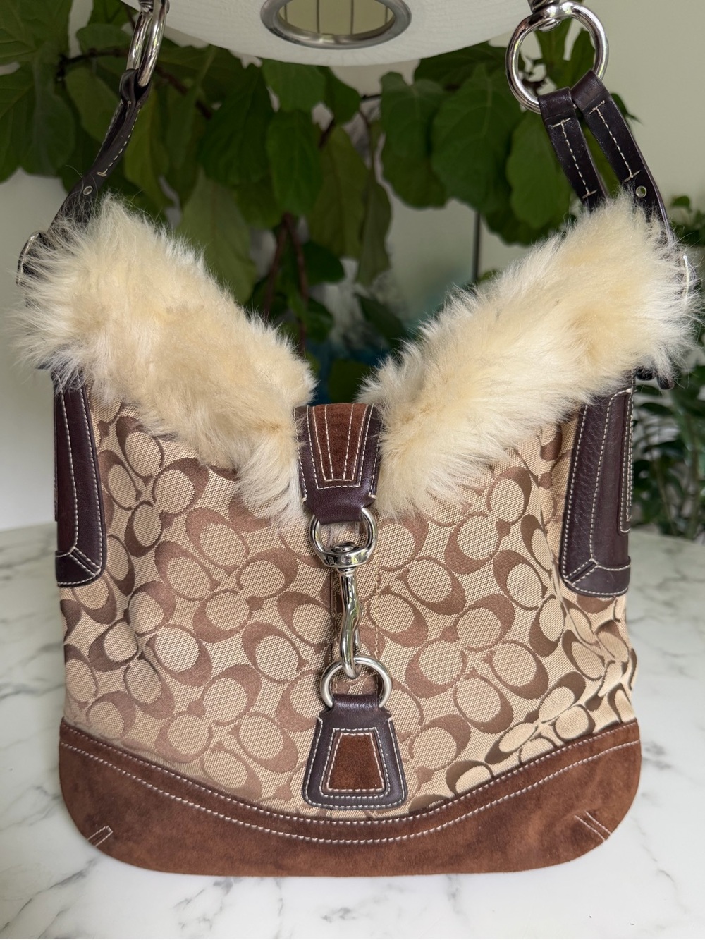 Coach Vintage Signature Shearling Fur Duffle 8k48 Khaki Brown Leather Suede Y2K